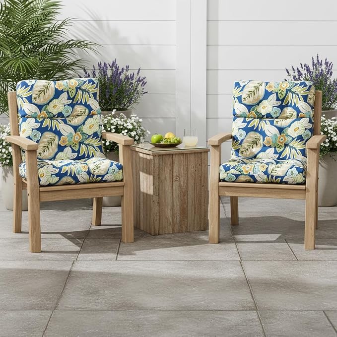 Outdoor Tufted High-Back Chair Cushions, One-Piece Hinged Seat and Back Design, Reversible with 4 Ties, Durable Polyester Fabric, Recycled Fiber Fill - Set of 2, Marlow Blue Floral