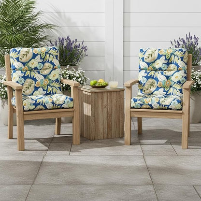 Outdoor Tufted High-Back Chair Cushions, One-Piece Hinged Seat and Back Design, Reversible with 4 Ties, Durable Polyester Fabric, Recycled Fiber Fill - Set of 2, Marlow Blue Floral