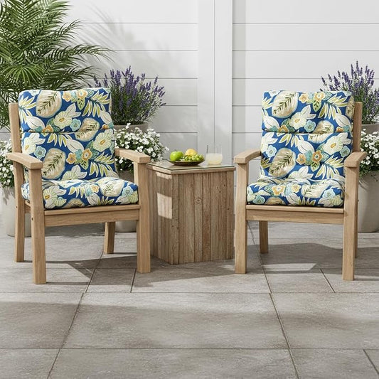 Outdoor Tufted High-Back Chair Cushions, One-Piece Hinged Seat and Back Design, Reversible with 4 Ties, Durable Polyester Fabric, Recycled Fiber Fill - Set of 2, Marlow Blue Floral