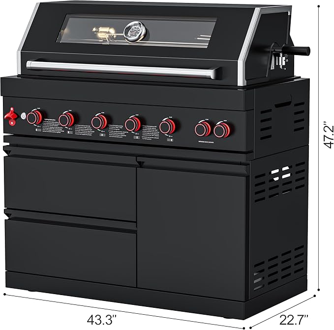 6-Burner Propane Modular Outdoor Kitchen Grill Module, 87900 BTU Black Stainless Steel BBQ for Patio Island and Family Feasts Large Backyard Entertaining LPG