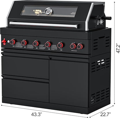 6-Burner Propane Modular Outdoor Kitchen Grill Module, 87900 BTU Black Stainless Steel BBQ for Patio Island and Family Feasts Large Backyard Entertaining LPG
