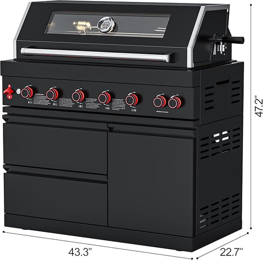6-Burner Propane Modular Outdoor Kitchen Grill Module, 87900 BTU Black Stainless Steel BBQ for Patio Island and Family Feasts Large Backyard Entertaining LPG