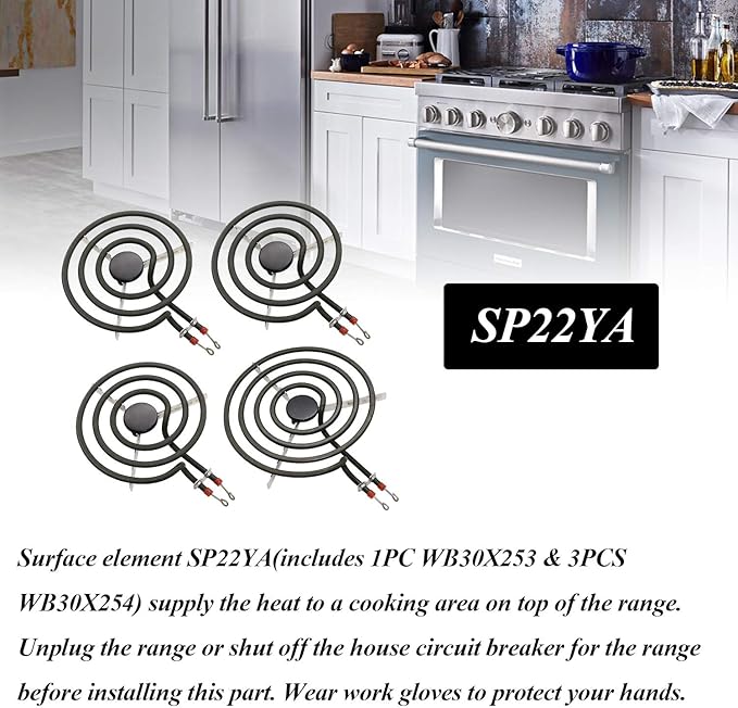 AMI PARTS SP22YA Electric Range Burner Element Unit Set Replacement Fit for G-E Hot-point Ro-per Ken-more Range Stoves (1 x WB30X253 8" & 3 x WB30X254 6")