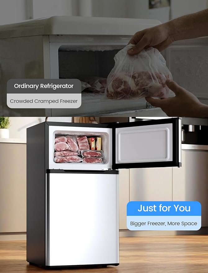 COWSAR 2.5 Cu.Ft Mini Fridge with Freezer, Double Reversible Door Compact Apartment Refrigerator with 2 Removable Shelves, Commercial Dorm Fridge for Bedroom, Office, Kitchen, Dorm, Silver