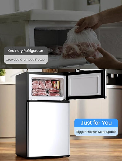 COWSAR 2.5 Cu.Ft Mini Fridge with Freezer, Double Reversible Door Compact Apartment Refrigerator with 2 Removable Shelves, Commercial Dorm Fridge for Bedroom, Office, Kitchen, Dorm, Silver
