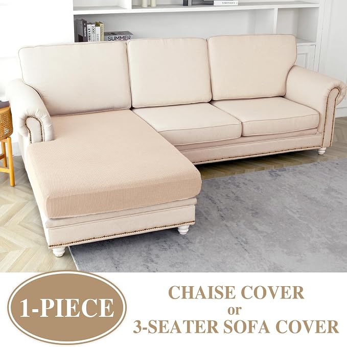 LA MEACK Couch Cushion Cover Chaise Lounge Cover Washable Separate Seat Chaise Couch Cover Stretch Sectional Sofa Slipcover(1 Piece for Chaise or Sofa 3-Seater, Natural)
