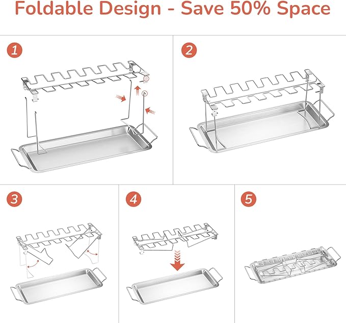 G.a HOMEFAVOR 14-Slot Chicken Leg Rack for Grill & Wings - Premium Stainless Steel Foldable Roasting Rack with Detachable Drip Pan, Dishwasher-Safe BBQ Accessories for Oven, Grill, Camping, Parties