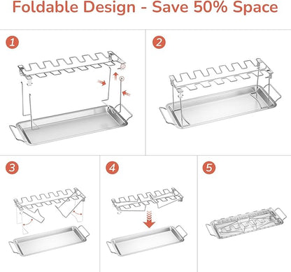 G.a HOMEFAVOR 14-Slot Chicken Leg Rack for Grill & Wings - Premium Stainless Steel Foldable Roasting Rack with Detachable Drip Pan, Dishwasher-Safe BBQ Accessories for Oven, Grill, Camping, Parties