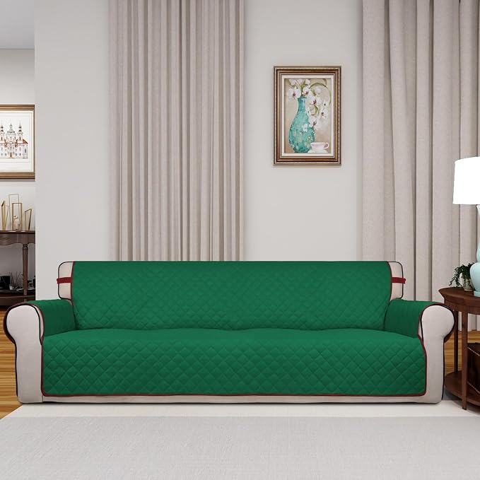 PureFit Reversible Quilted Couch Covers for Dogs Sofa Cover 4 Seater 88" | Green/Red, Water Resistant Couch Protector, Washable Pet Couch Cover with Non Slip and Elastic Straps For Kids