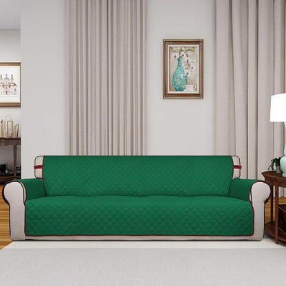 PureFit Reversible Quilted Couch Covers for Dogs Sofa Cover 4 Seater 88" | Green/Red, Water Resistant Couch Protector, Washable Pet Couch Cover with Non Slip and Elastic Straps For Kids