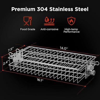 TURBRO Flat Rotisserie Basket, 304 Stainless Steel, Universal Grill Accessory, Compatible with 1/2” or 3/8" Hexagon, 3/8" or 5/16" Square Spit Rods, Fits Most Grills, for Outdoor BBQ