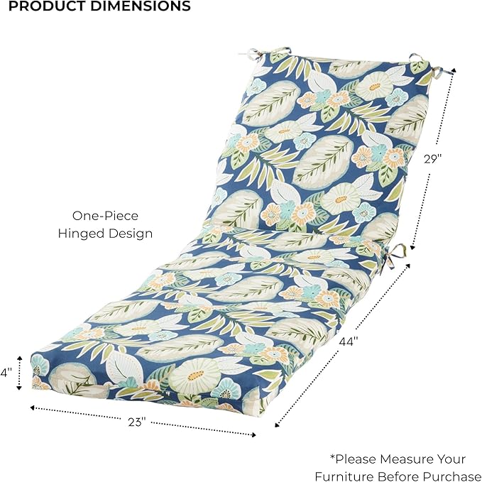 Modern Outdoor Chaise Lounge Cushion with Ties – Durable Polyester Fabric, Channel-Filled Polyfiber Insert, Removable Zippered Cover, Marlow Blue Floral