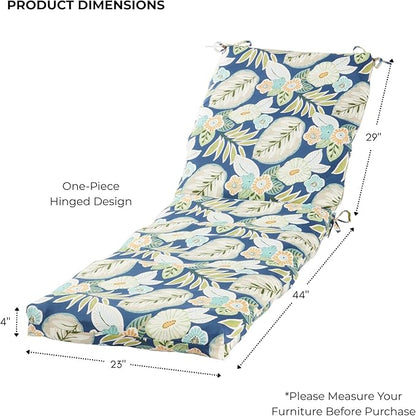 Modern Outdoor Chaise Lounge Cushion with Ties – Durable Polyester Fabric, Channel-Filled Polyfiber Insert, Removable Zippered Cover, Marlow Blue Floral
