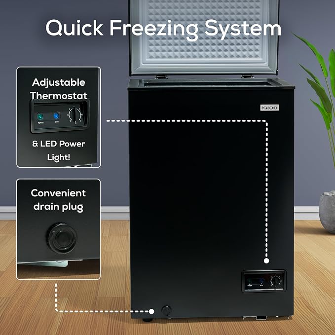 Igloo 3.5 Cu Ft. Upright Deep Freezer Chest- Deep Freezer with Quick Freezing System & Adjustable Thermostat- Low Noise Freezer with Removable Basket & LED Lights for Homes, Garages & Basements, Black