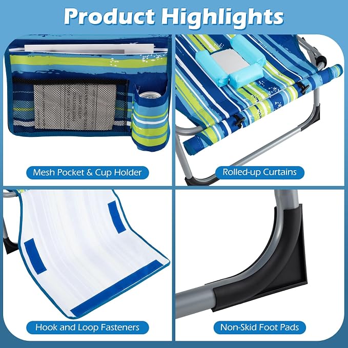 GYMAX Tanning Chair, 330LBS Beach Lounge w/Face Arm Hole & Hand Shoulder Strap, Folding Layout Sunbathing Chair, Face Down Outdoor Chaise Lounger for Patio, Poolside, Backyard (1, Blue Stripe)