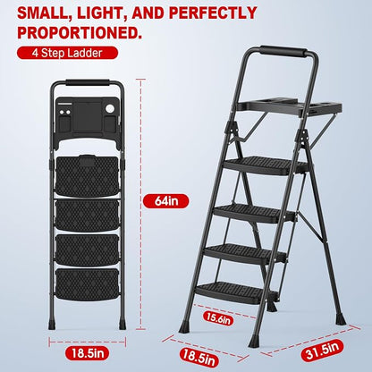 4 Step Ladder, Anautin Folding Step Stool with Tool Tray, Wide Anti-Slip Pedals, Heavy Duty Steel Step Ladder with Handrails, Portable Foldable Ladder for Kitchen Closet Garage Home 600lbs Capacity