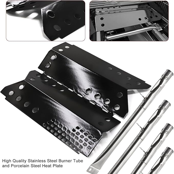 Hiorucet Grill Replacement Parts for Stok SGP4330SB, SGP4331, SGP4130N, Stok Quattro 4 Burner Grills, Porcelain Steel Heat Plate Shield Tent, Stainless Steel Crossover Carry Over Tube & Grill Burners