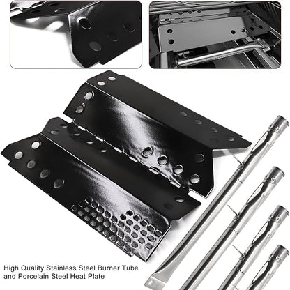 Hiorucet Grill Replacement Parts for Stok SGP4330SB, SGP4331, SGP4130N, Stok Quattro 4 Burner Grills, Porcelain Steel Heat Plate Shield Tent, Stainless Steel Crossover Carry Over Tube & Grill Burners
