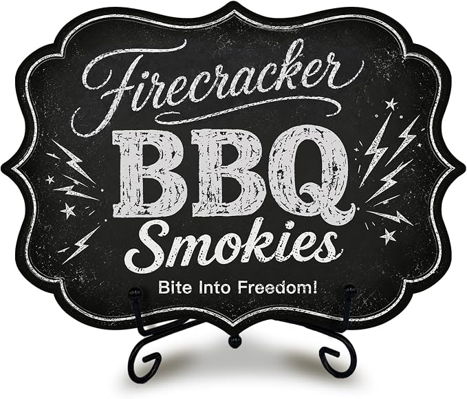 Patriotic BBQ Table Sign for Hot Dog Stand, Wooden Independence Day Food Display with Metal Stand, 5 x 7 Inch Buffet Decor for Restaurant, Food Truck, Cookout - A05