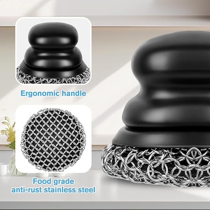 Cast Iron Scrubber and Scraper, Chain Mail Scrubber Cast Iron for Cleaning Dishes, Stock Pots, Pans, Griddles, Grills, Dish Scouring Pads