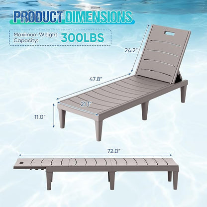 Greesum 2-Pack Adjustable Chaise Lounges, Light Coffee | 5-Pos Recline, Waterproof PP, UV/Fade-Resist, Easy-Clean, Patio/Pool/Beach, Tool-Free