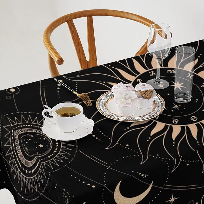 Vintage Tarot Moon Tablecloth Boho Mystical Crescent Cosmic Zodiac Star Galaxy Space Table Cloth Water Resistant Wipeable Table Cover for Picnic Party Holiday Kitchen Dinner Table 55"x55"