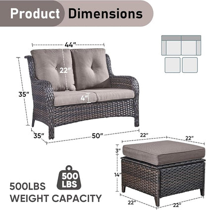 Outdoor Loveseat Sofa - 3 Piece Patio Furniture with Ottoman Deep Seating Patio Couch for Porch Deck Garden Backyard - Brown/Grey