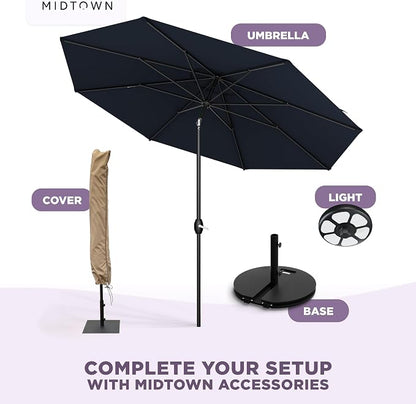 Midtown Umbrellas – The Lean 10 Ft Patio Umbrella with 10-Year-No-Fade Acrylast Acrylic Fabric, Auto-Tilt and 8 Reinforced Ribs for Deck, Pool, Garden, Hotel & Cafes – Harbor Navy Canopy, Black Pole