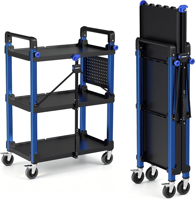 WORKPRO Heavy Duty 3-Tier Utility Cart, 450 LBS Folding Cart with Wheels | Built-In Pegboard & Hooks Keep Tools Organized, Collapsible Design with Carry Handle for Garage, Workshop, Warehouse & Home