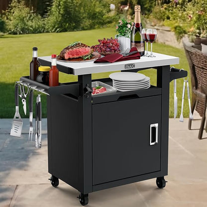 NUUK Grill Table with Storage Cabinet, Outdoor Bar Cart Pizza Oven Table with Wheels, Stainless Steel Top Kitchen Island 20" x 30" Rolling Prep Station for Indoor, BBQ, Deck, Backyard