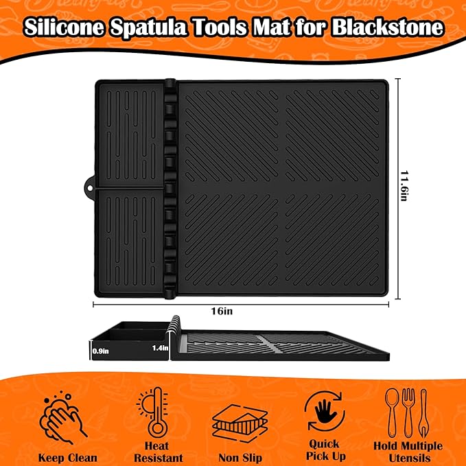 Vodolo Silicone Griddle Tools Mat for Blackstone, Large Grill BBQ Caddy Utensils Holder,Silicone Spatula Mat with Drip Pad for Kitchen,Cooking & Countertop,Griddle Accessories for Blackstone Black