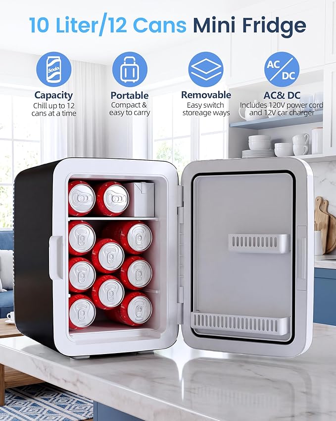 Electactic 10L Portable Mini Fridge, Compact Refrigerator, Black | Quiet 2.6 gal Skincare Fridge with AC/DC Adapter for Makeup, Beverages and Food, Ideal for Bedroom, Office and Travel