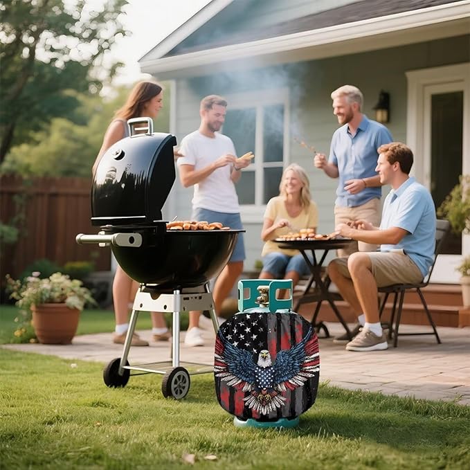 USA Flag Dual Propane Tank Cover 20 lb Patriotic Weather Resistant Gas Cylinder Polyester Eagle 4th of July Decoration Slip-On Standard Tank Cover