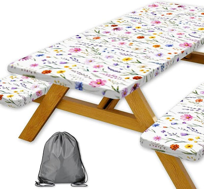 Floral Picnic Table Cover with Bench Covers and Bag, Camping Essentials, Colorful Wildflower Waterproof Camping Tablecloth with Elastic Edges Fitted Rectangle for Outdoor & Garden, 3 Pcs, 30x60 Inch