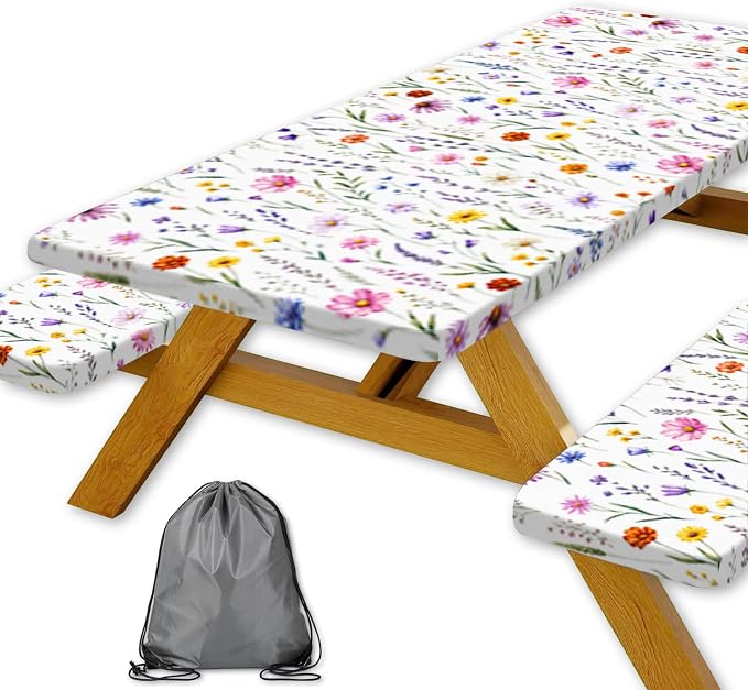 Floral Picnic Table Cover with Bench Covers and Bag, Camping Essentials, Colorful Wildflower Waterproof Camping Tablecloth with Elastic Edges Fitted Rectangle for Outdoor & Garden, 3 Pcs, 30x96 Inch