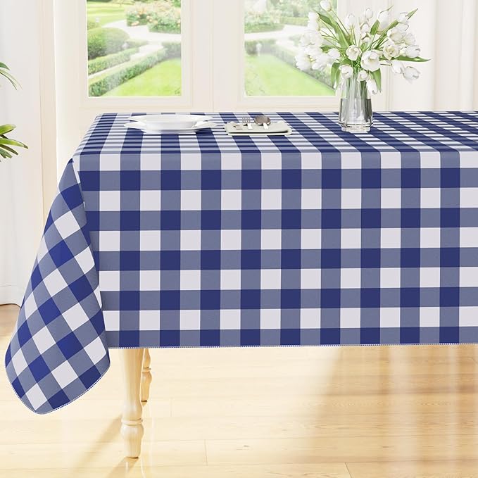 Smiry Picnic Table Cloth, Vinyl Tablecloths with Flannel Backing, 54"x54" | Waterproof Square Table Cloth, Wipeable Buffalo Plaid Table Cover for Indoor and Outdoor (Navy & White)