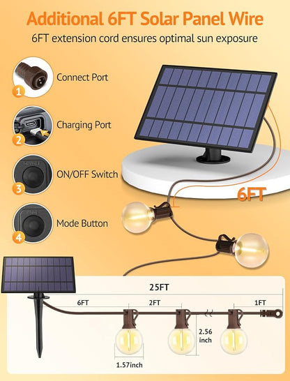 25FT Solar String Lights with Remote, 3 Modes, 11 G40 Bulbs, Brown | Solar Powered, Dusk to Dawn, Dimmable, Timer, Memory Function, LED Globe Hanging Lights for Fence Deck Yard