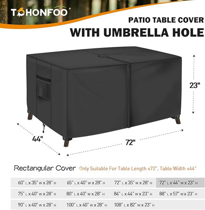 Rectangular Patio Table Cover with Umbrella Hole 72"L x 44"W x 23"H (COVER SIZE，NOT TABLE SIZE) Heavy Duty Waterproof Black Set Tarpaulins