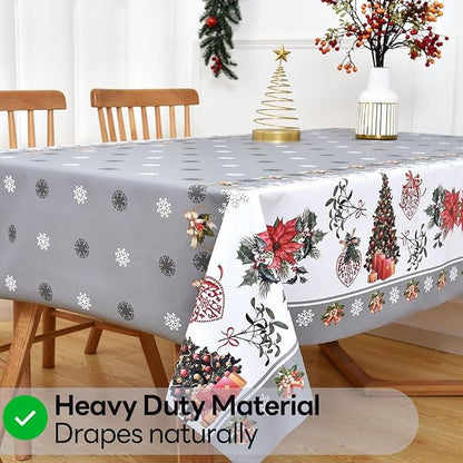 Christmas Table Cloth Rectangle Heavy Duty Vinyl Grey Christmas Tablecloth Plastic Reusable Santa Tablecloth Wpieable Waterproof PVC Xmas Table Cover for Dining Party New Year(Gray, 54"x78")