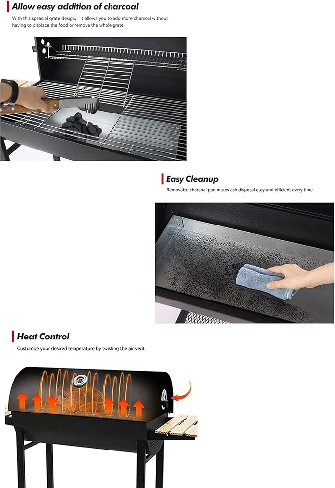 Charcoal Portable BBQ Grill with Wooden Shelf and Wheels, 49.2 in (125 cm) Wide