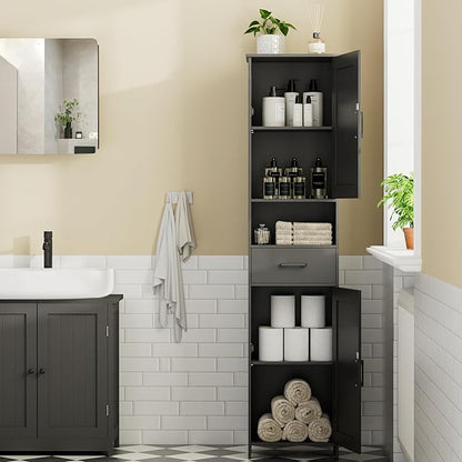 Homhedy 67" H Tall Bathroom Storage Cabinet with Barn Doors and Drawer | Narrow Storage Unit with Adjustable Shelves, Floor Cabinet for Bathroom, Living Room, Entryway or Kitchen, Black, 15.7" W