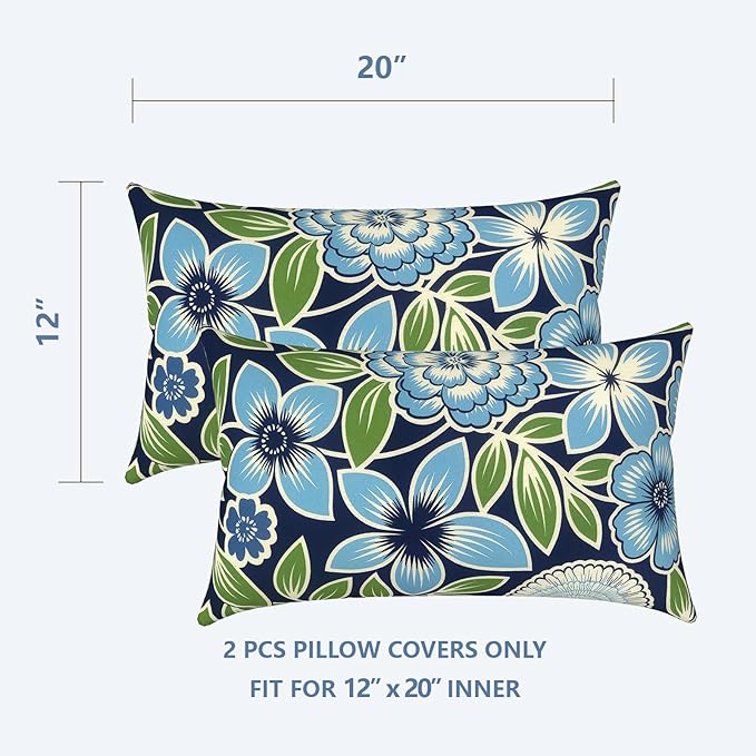 LVTXIII Outdoor Lumbar Pillow Covers Only Set of 2 Patio Decorative Pillow Cases, Water Repellent Lumbar Cushion Cases for Sofa, Patio Couch Garden Use, 12x20 Inch, Azure Botanical Symphony‌