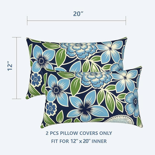 LVTXIII Outdoor Lumbar Pillow Covers Only Set of 2 Patio Decorative Pillow Cases, Water Repellent Lumbar Cushion Cases for Sofa, Patio Couch Garden Use, 12x20 Inch, Azure Botanical Symphony‌