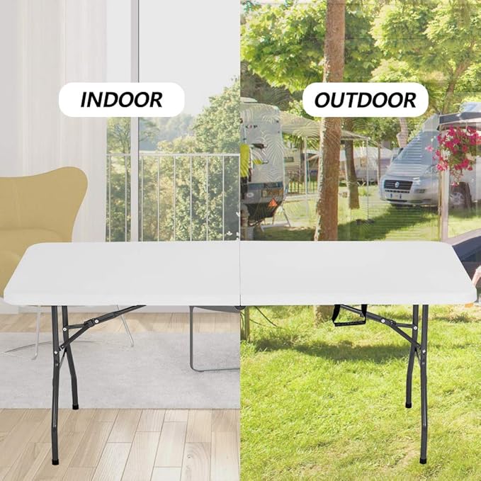 BestOffice Outdoor 6 FT Folding Camping Table Plastic Table Portable Square Height Dining Table Perfect for Picnics, Parties, Party and Camping, White