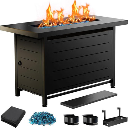 Ciays 43″ Gas Fire Pit with Glass Beads & Lid, Cup Holders, Hanging Shelf