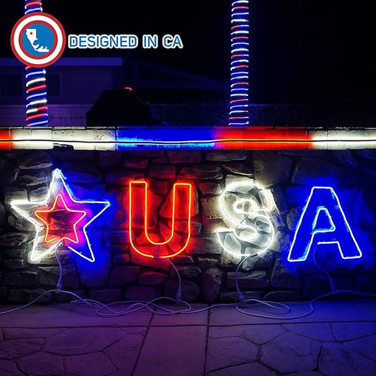 Russell Decor USA Patriotic Yard Sign Liights Star with 4-Level Dimmable Controller Waterproof Outdoor lights Red White Blue (6 ft x 2 ft)