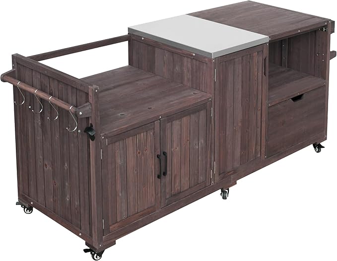 LUMISOL Outdoor Grill Cart for Big Green Egg, 80.5" Solid Wood Outdoor Kitchen Island with Stainless Steel Top and Drawer, Rolling Kitchen Cart for 21"/28" Blackstone Griddle, Dark Brown
