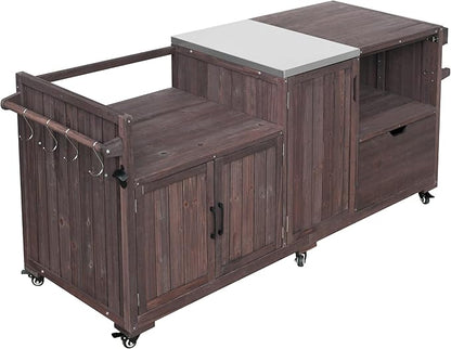 LUMISOL Outdoor Grill Cart for Big Green Egg, 80.5" Solid Wood Outdoor Kitchen Island with Stainless Steel Top and Drawer, Rolling Kitchen Cart for 21"/28" Blackstone Griddle, Dark Brown