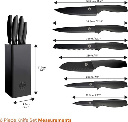 MasterChef Knife Set with Block, 6 Kitchen Knives and a Universal Knife Holder, Extra Sharp Stainless Steel Blades for Precise Cutting with Non Stick Coating & Soft Touch Easy Grip Handles, Black