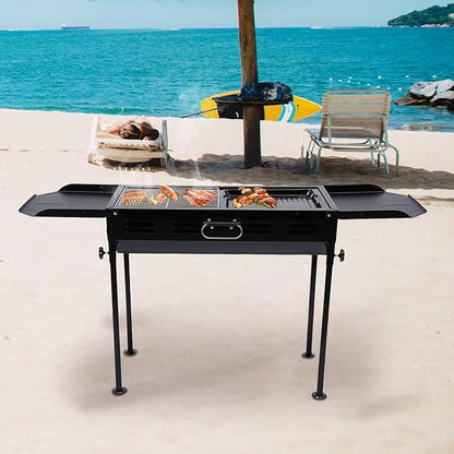 Portable Charcoal Grill, Freestanding Outdoor BBQ Grill, Adjustable Height(23.62-29.13in) Camping Charcoal Grill for 2-15 People, 2 Collapsible Trays, 26.1x11.8in BBQ Area for Picnics, RV Trips
